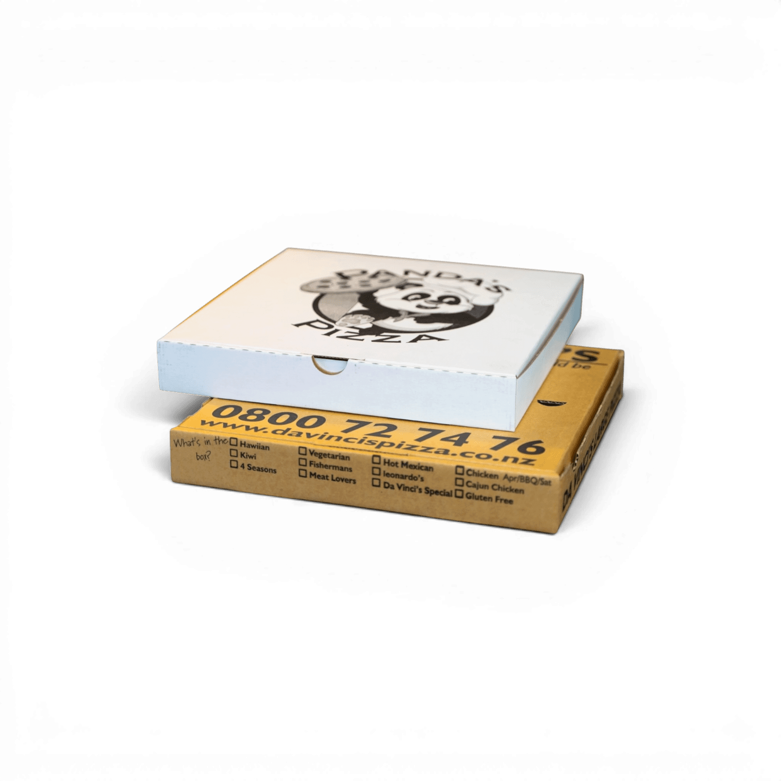 Pizza Boxes, Printed 1 colour black on Kraft 2 sided and white 1 side board