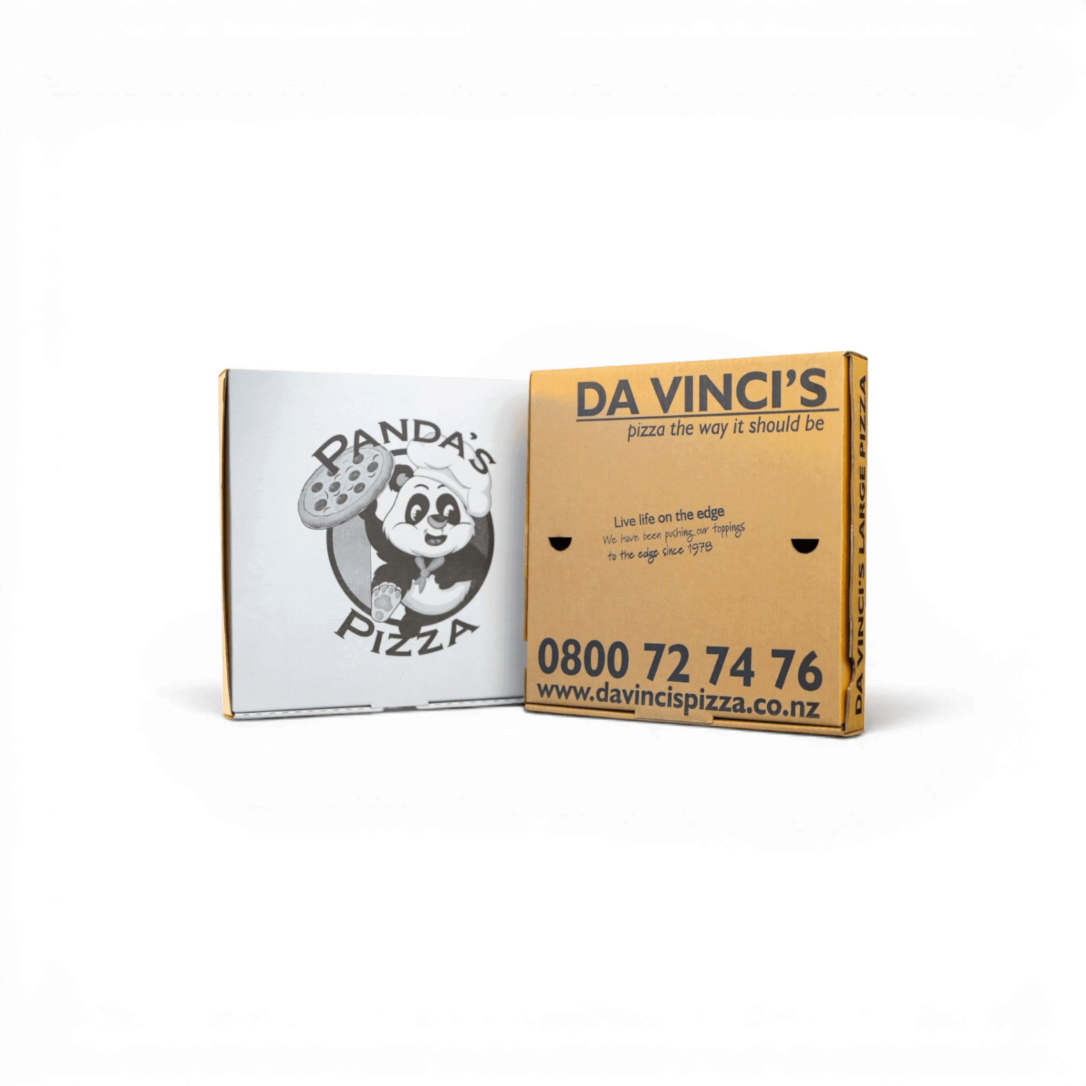 Pizza Boxes, Printed 1 colour black on Kraft 2 sided and white 1 side board