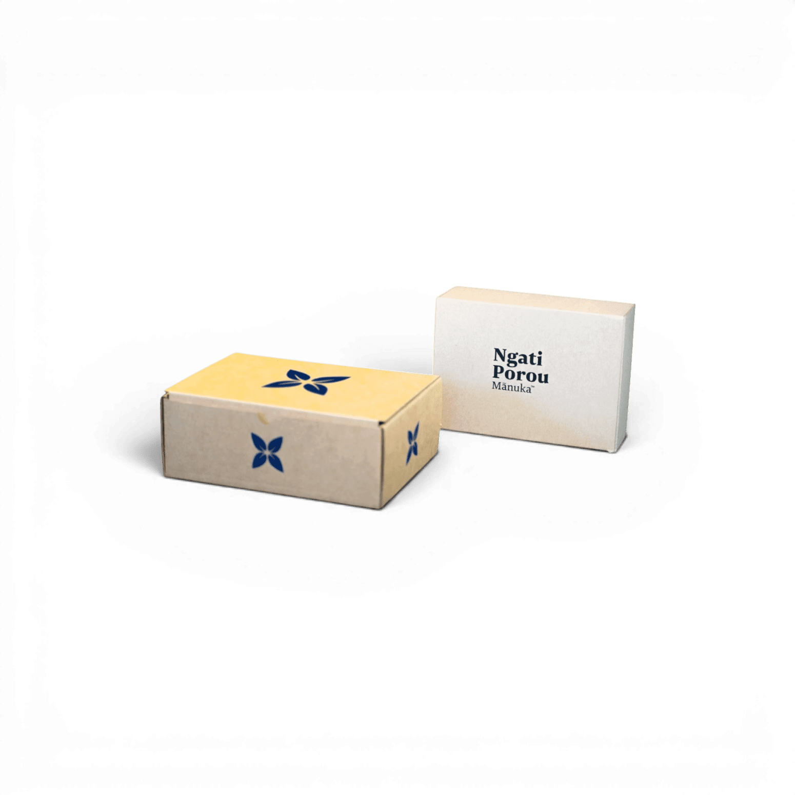 1 Colour Print (Blue and Red) Die Cut Box with Hinged Lid on white 1 side and kraft board
